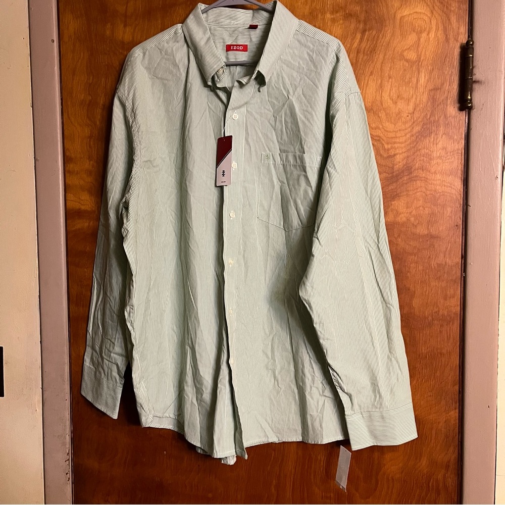 NWT IZOD Men’s Button Down Shirt Size XXLarge Long Sleeve Pocket Green Stripe
